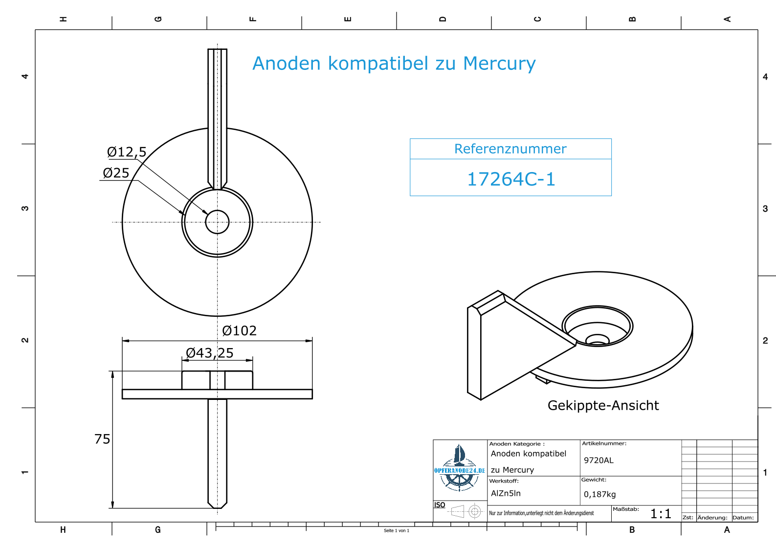 Anoden kompatibel zu Mercury | Trimmanode-AB 17264C1 (AlZn5In) | 9720AL – Bild 2