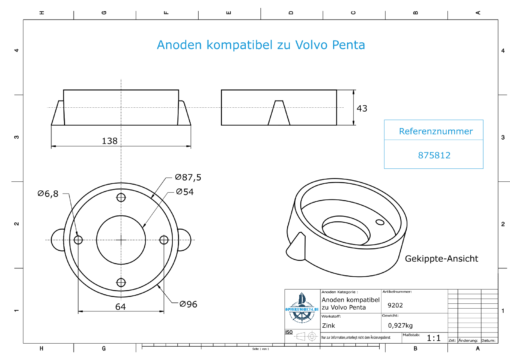 Anodes compatible to Volvo Penta | Ring-Anode Saildrive 110 875812 (Zinc) | 9202