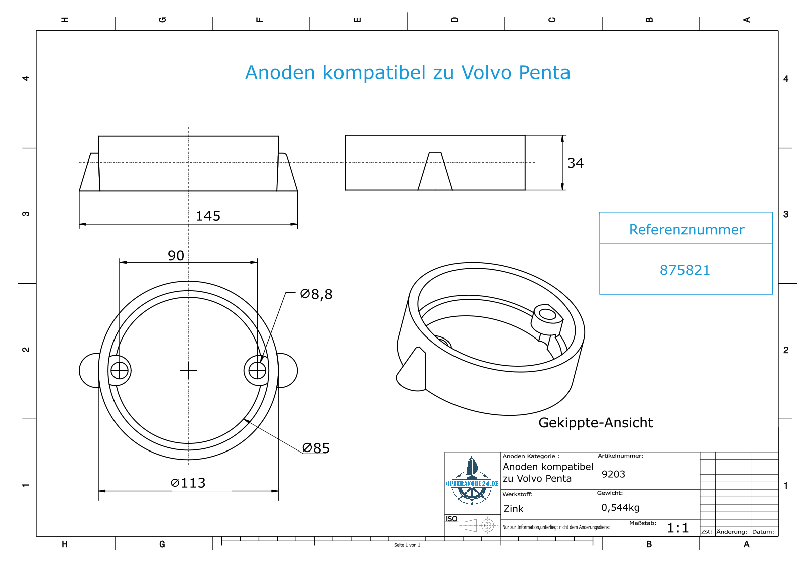 Anodi compatibili con Volvo Penta | Anodo ad anello 290 / Duo-Prop 875821 (Zinco) | 9203
