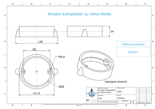Anodes compatible to Volvo Penta | Ring-Anode 290 / Duo-Prop 875821 (Zinc) | 9203