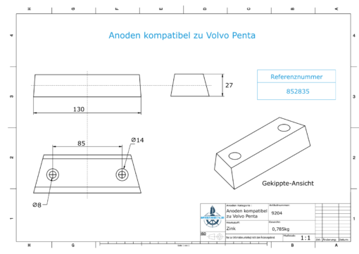 Anodes compatible to Volvo Penta | Block-Anode 290 / Duo-Prop 852835 (Zinc) | 9204