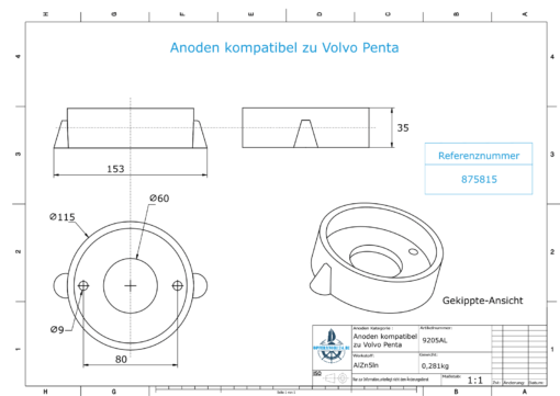 Anodi compatibili con Volvo Penta | Anodo ad anello 270/280 875815 (AlZn5In) | 9205AL
