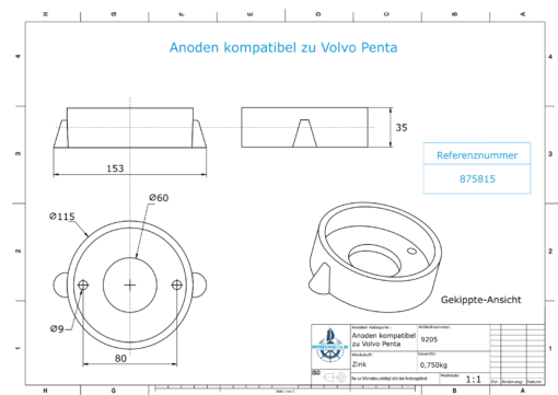 Anodes compatible to Volvo Penta | Ring-Anode 270/280 875815 (Zinc) | 9205