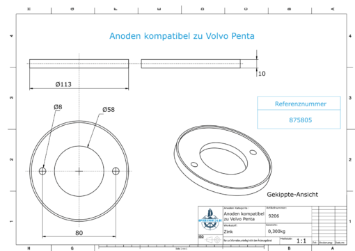 Anodes compatible to Volvo Penta | Ring-Anode 250/270 875805 (Zinc) | 9206