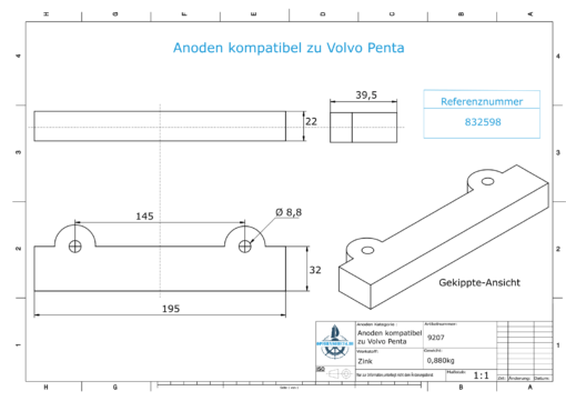 Anodes compatible to Volvo Penta | Block-Anode 250/270/280 832598 (Zinc) | 9207
