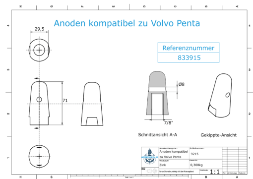 Anodes compatible to Volvo Penta | Cap-Anode 7/8" 833915 (Zinc) | 9215
