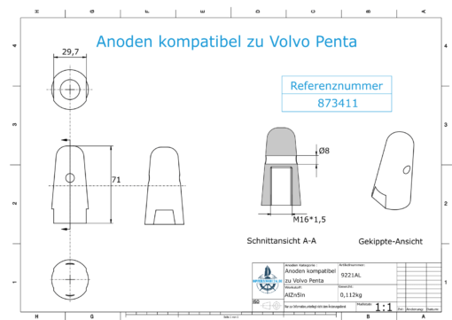 Anodes compatible to Volvo Penta | Cap-Anode M16x1,5 873411 (AlZn5In) | 9221AL