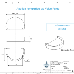 Anodi compatibili con Volvo Penta | Anodes de bloc Zn + Mg 3855411 (Zinco) | 9236