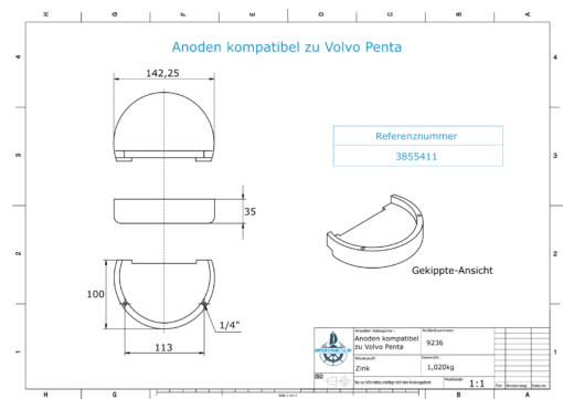Anodes compatible to Volvo Penta | Block-Anode Zn Mg 3855411 (Zinc) | 9236