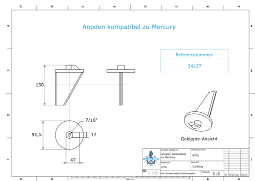 Anodes compatible to Mercury | Trim-Tab-Anode long 34127 (Zinc) | 9705