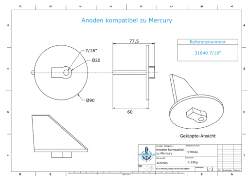 Anodes compatible to Mercury | Trim-Tab-Anode short 31640 7/16" (AlZn5In) | 9706AL