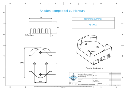 Anodes compatible to Mercury | Block-Anode 821631 (Zinc) | 9712