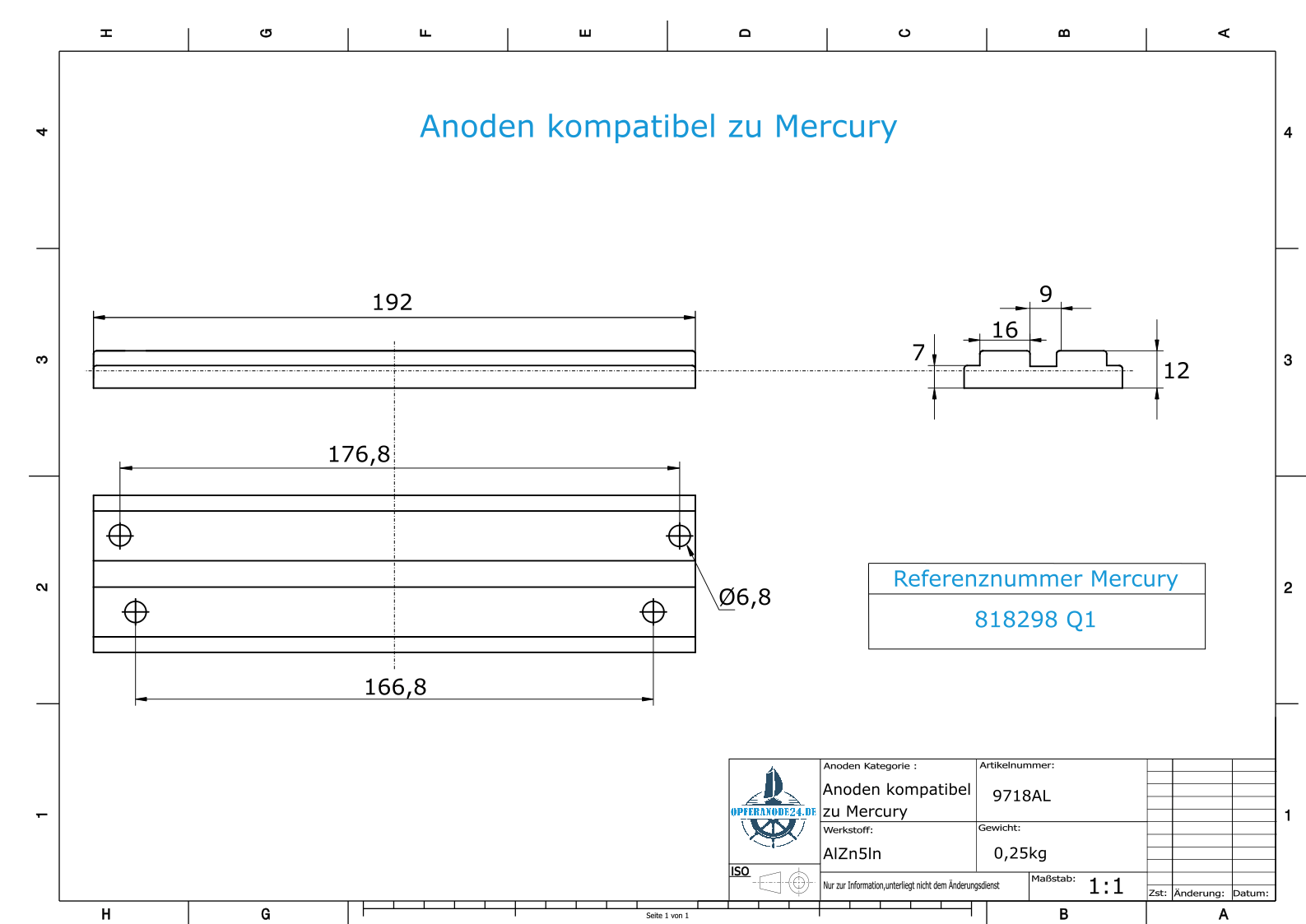 Anodi compatibili con Mercury | Mariner Anode 818298 Q1 (AlZn5In) | 9718AL