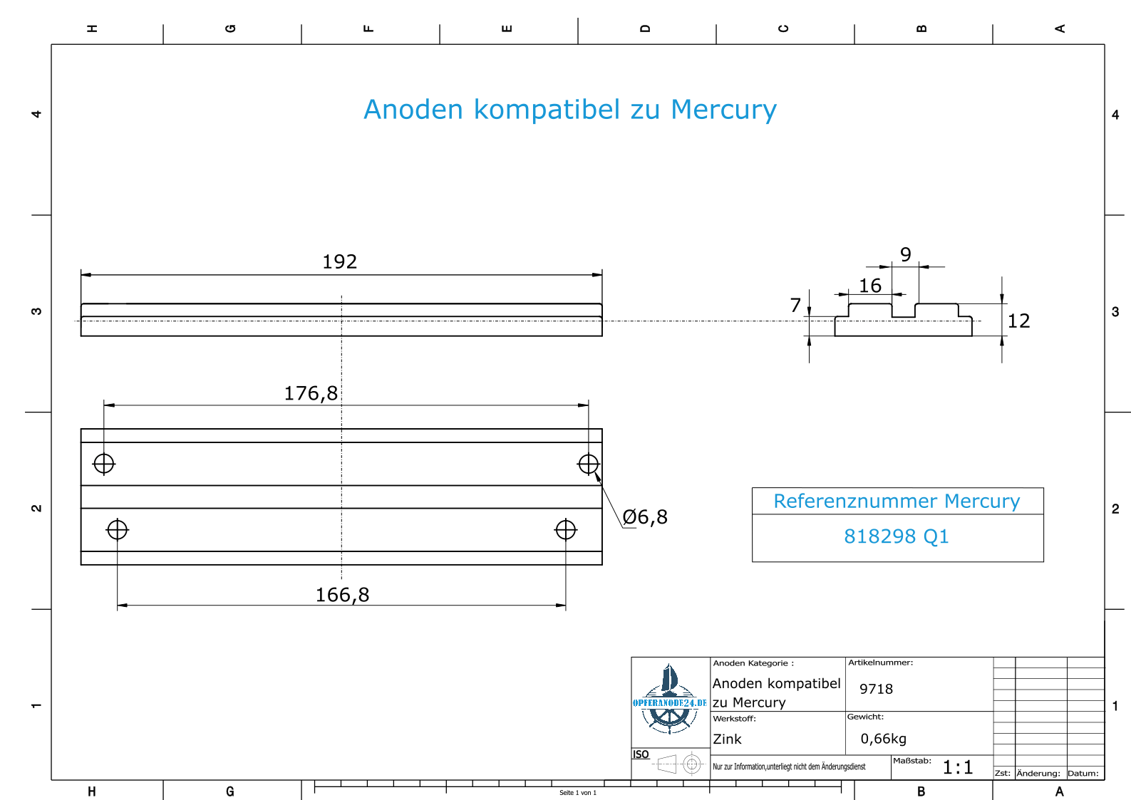 Anodi compatibili con Mercury | Mariner Anode 818298 Q1 (Zinco) | 9718
