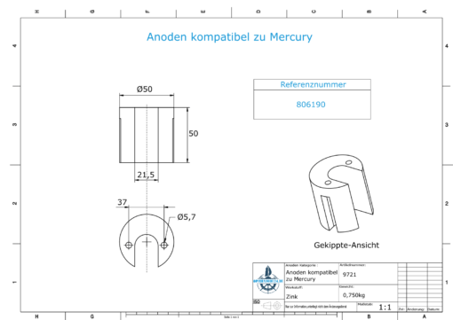 Anodes compatible to Mercury | Cylinder-Anode large 806190 (Zinc) | 9721