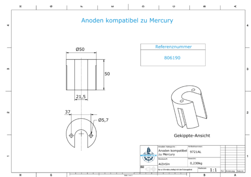Anodi compatibili con Mercury | anodo cilindro grande 806190 (AlZn5In) | 9721AL