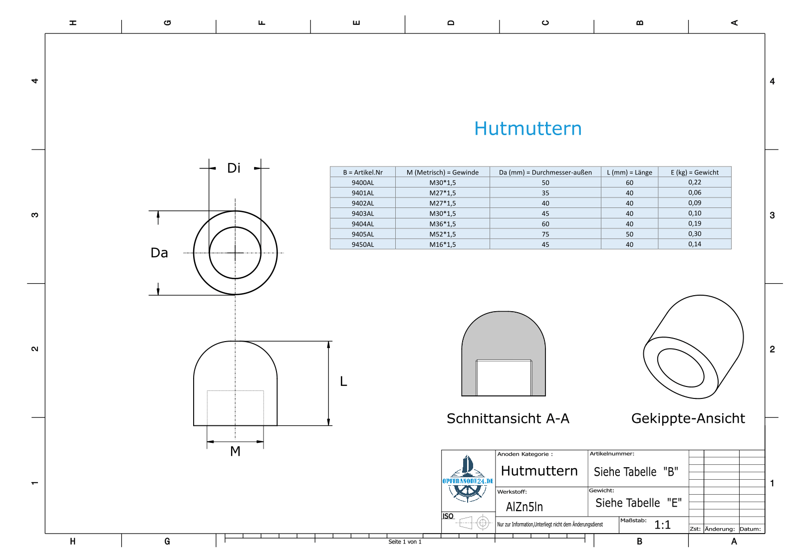 Dadi a cupola M30x1,5 Ø50/H60 (AlZn5In) | 9400AL