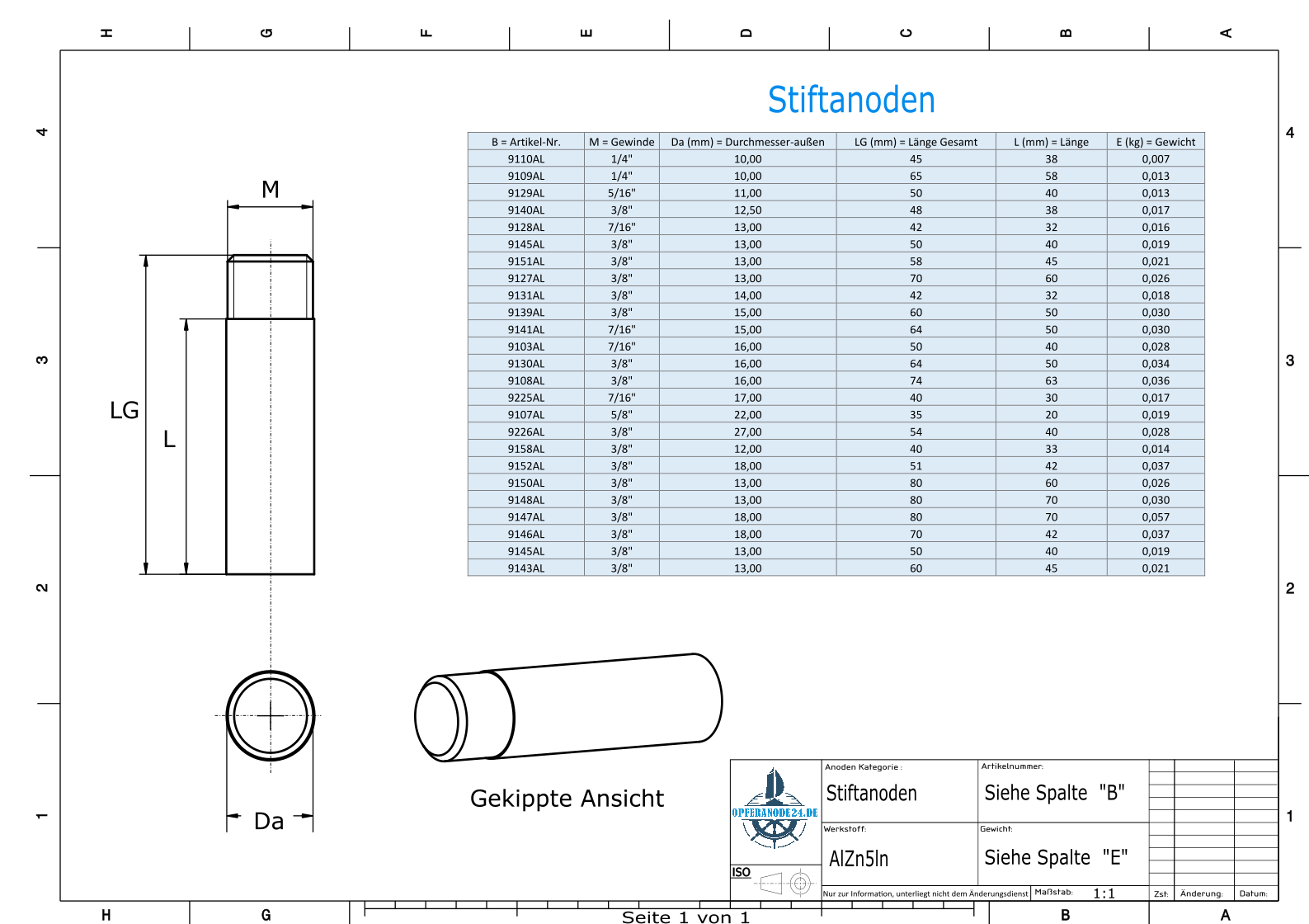 Anodi a spillo 7/16'' Ø15/L50 (AlZn5In) | 9141AL