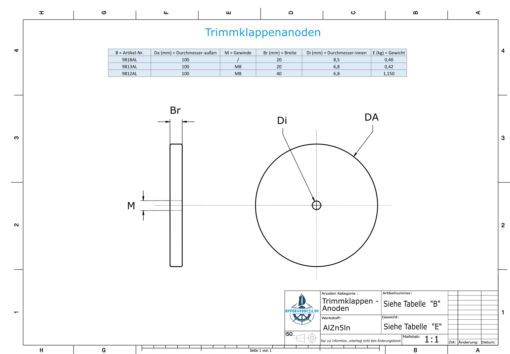 Trim-Tab-Anodes with M8 100x40 Ø100 mm (AlZn5In) | 9812AL