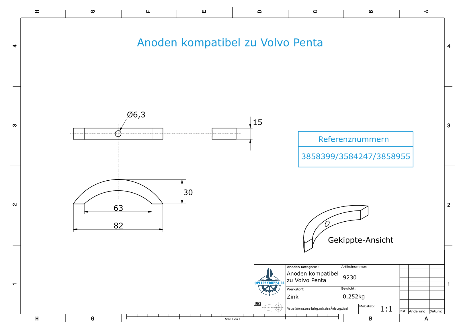 Anodi compatibili con Volvo Penta | Anodo ad elica (set triplo) 3858399 (Zinco) | 9230