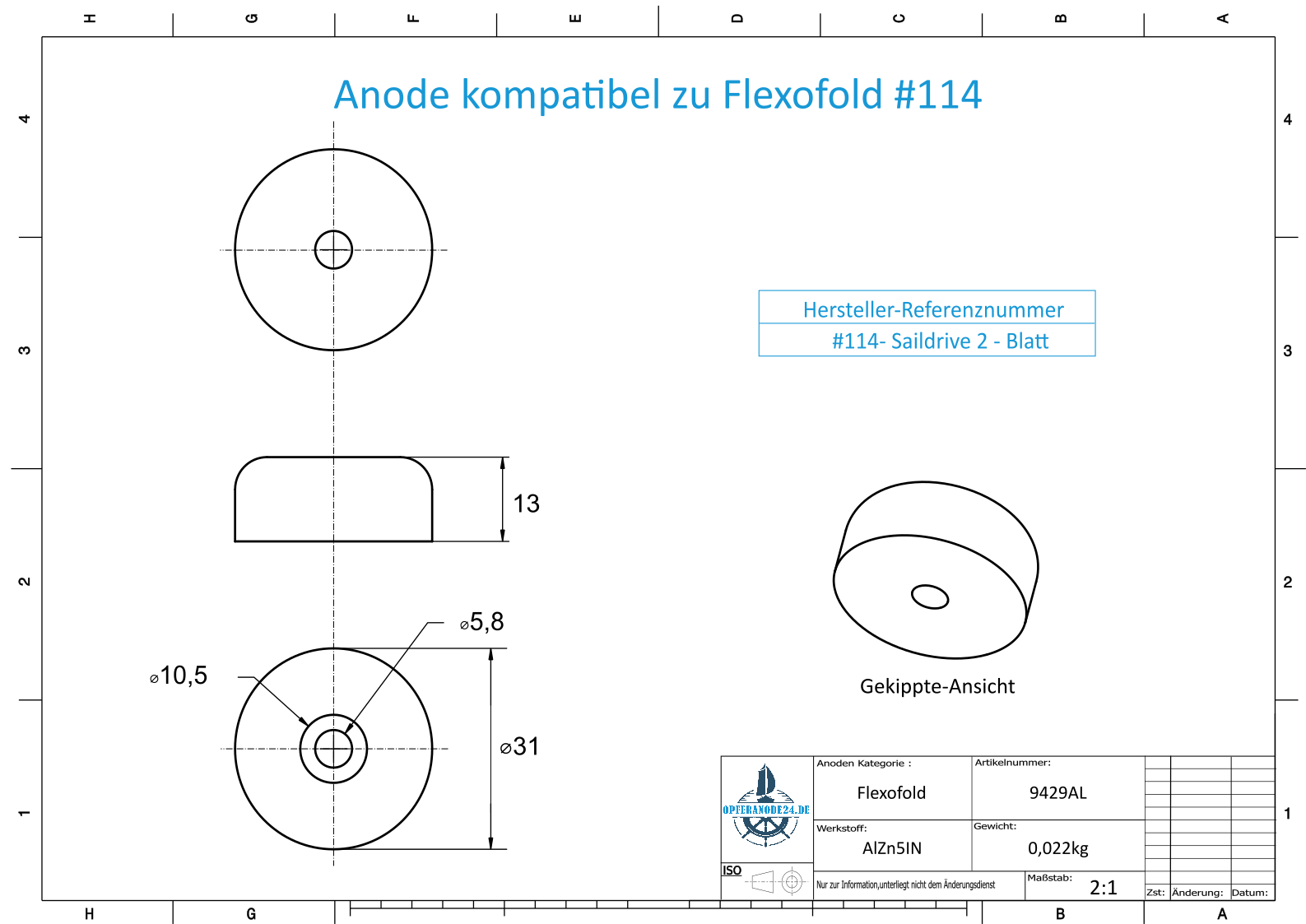 Anode kompatibel zu Flexofold | 2-teilig | Ø31x13 | AlZn5In | Klein | Ref. #114 | 9429AL – Bild 2